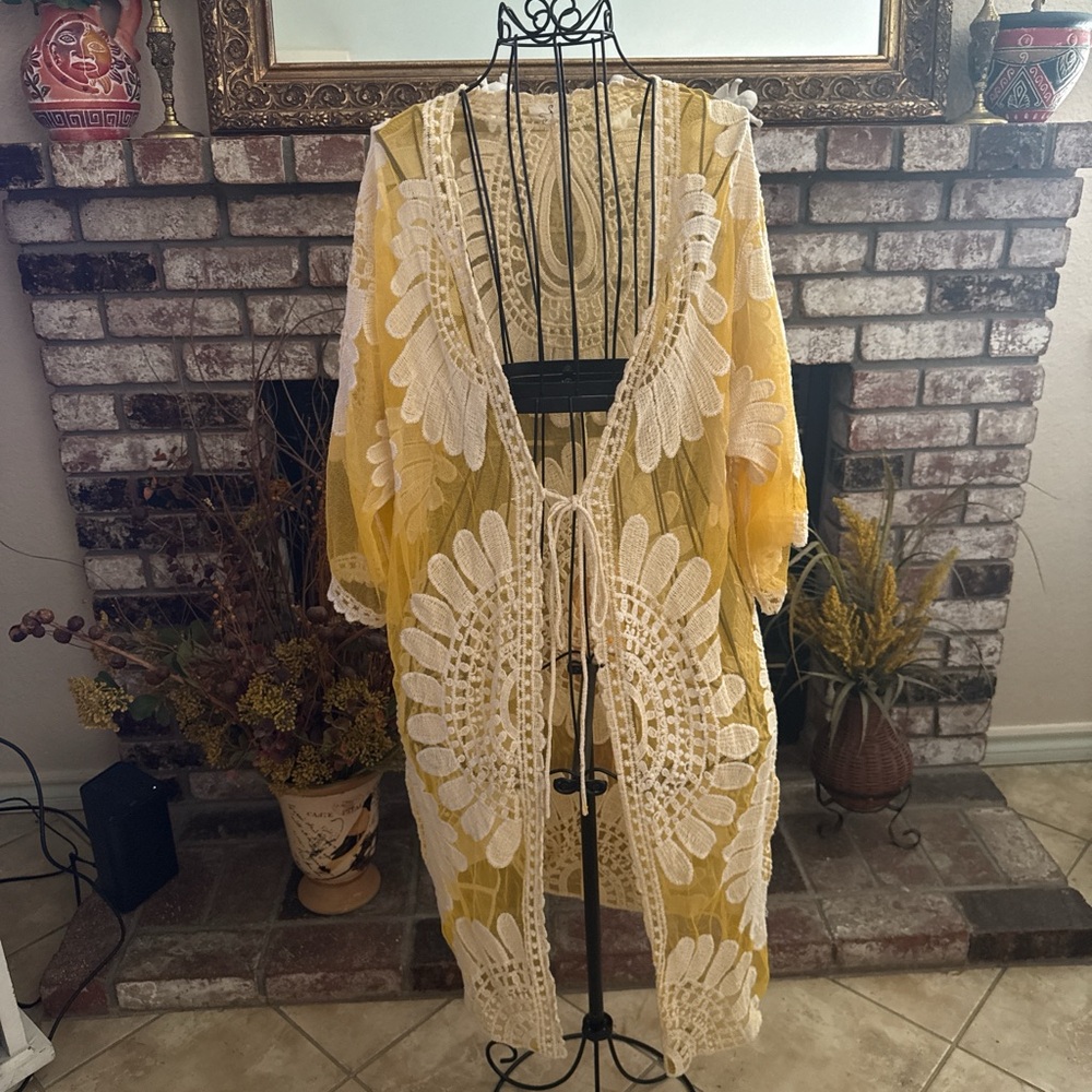 Ember Yellow Kimono Duster Brown Open Front Short Sleeve Boho Cardigan
